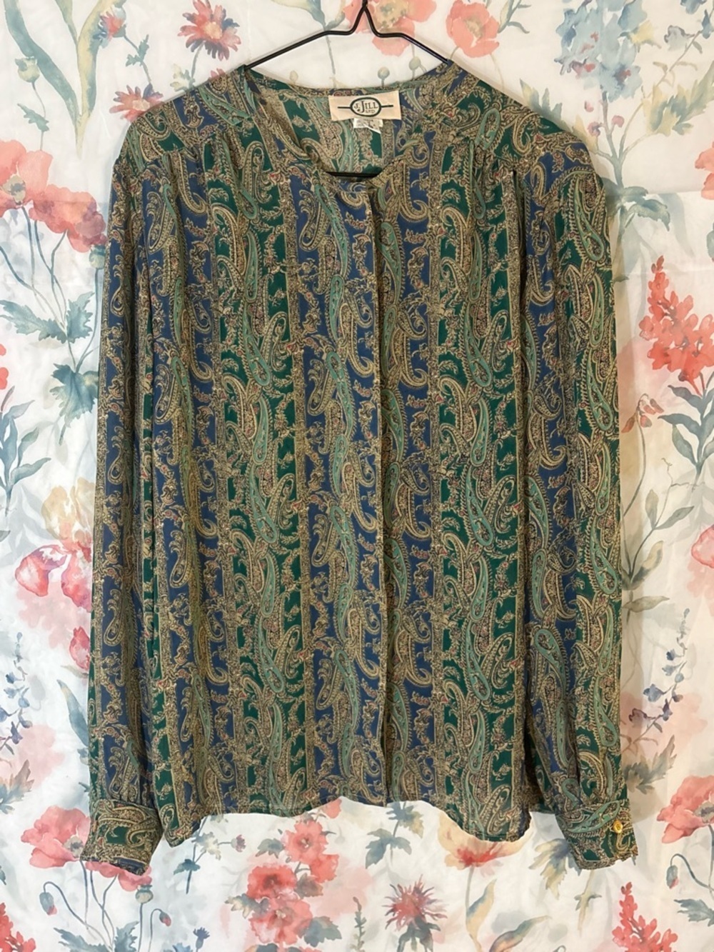 Vintage Paisley Button-Front Blouse - Green/Blue